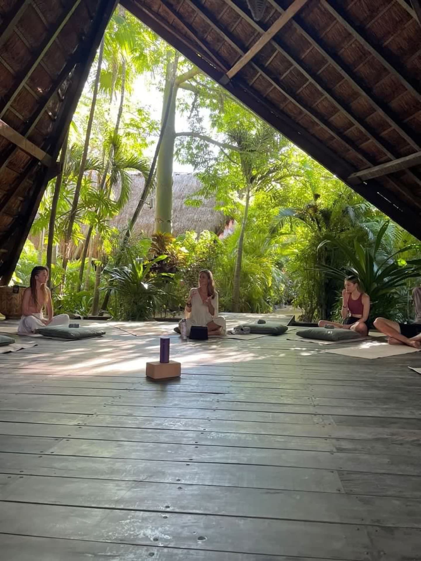 A breathwork session under an open A-frame palapa with natural light, surrounded by jungle in Tulum